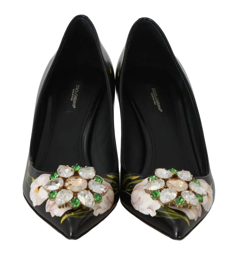 Black Tulip Print Crystal Heels Pumps Shoes