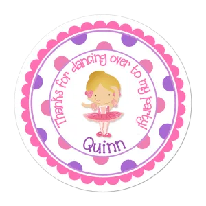 Blonde Haired Ballerina Polka Dot Border Personalized Birthday Favor Sticker