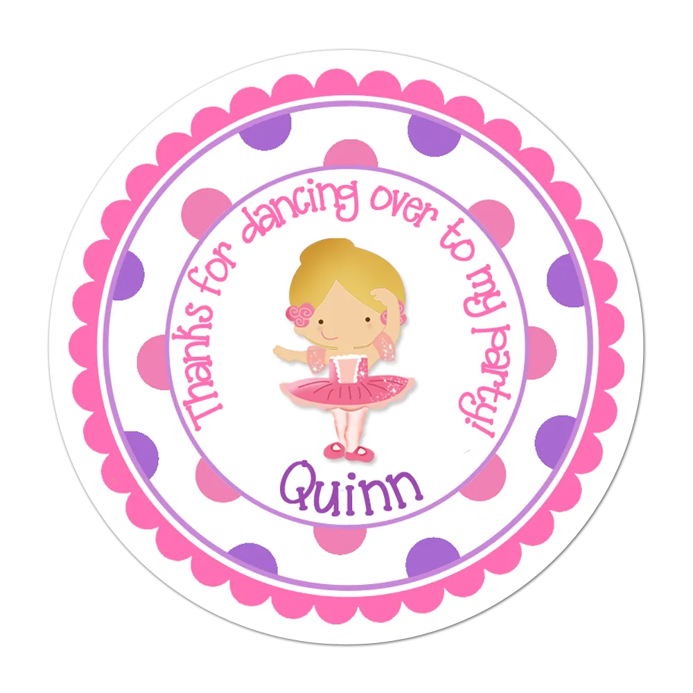Blonde Haired Ballerina Polka Dot Border Personalized Birthday Favor Sticker