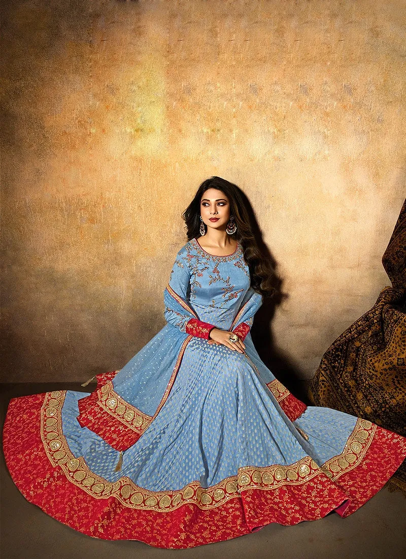 Blue And Red Minimalist Embroidered Anarkali Suit