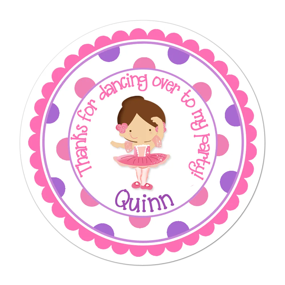 Brunette Haired Ballerina Polka Dot Personalized Birthday Favor Sticker