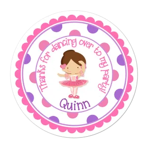 Brunette Haired Ballerina Polka Dot Personalized Birthday Favor Sticker