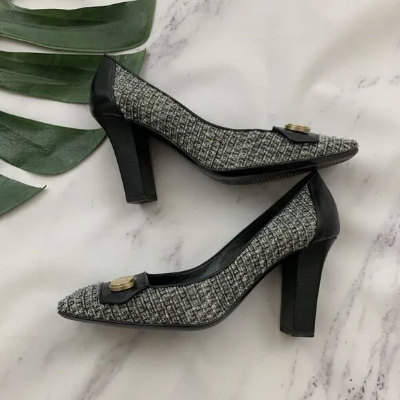 Bruno Magli Vintage 90s Pumps Heels Size 8 AA Gray Tweed Black Leather Italy