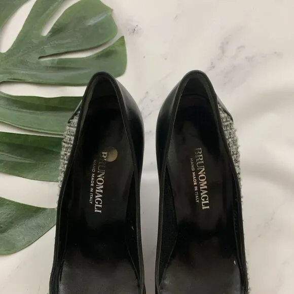 Bruno Magli Vintage 90s Pumps Heels Size 8 AA Gray Tweed Black Leather Italy