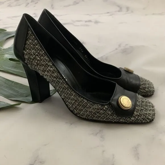 Bruno Magli Vintage 90s Pumps Heels Size 8 AA Gray Tweed Black Leather Italy