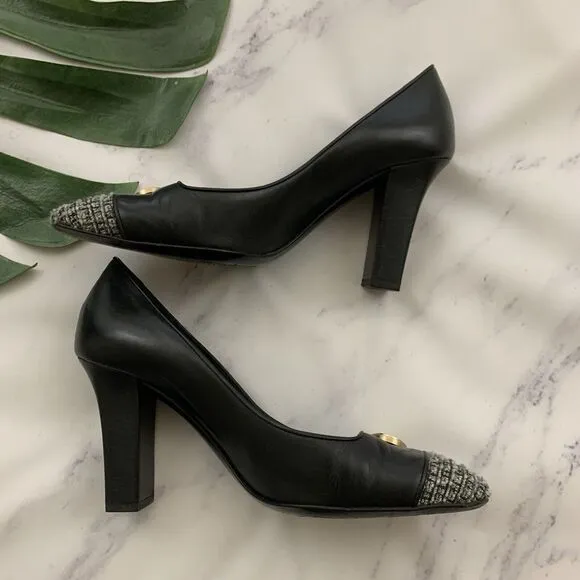 Bruno Magli Vintage 90s Pumps Heels Size 8 AA Gray Tweed Black Leather Italy