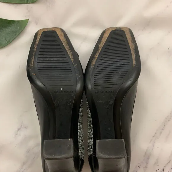 Bruno Magli Vintage 90s Pumps Heels Size 8 AA Gray Tweed Black Leather Italy