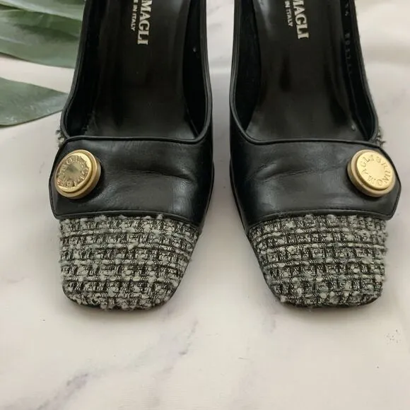 Bruno Magli Vintage 90s Pumps Heels Size 8 AA Gray Tweed Black Leather Italy