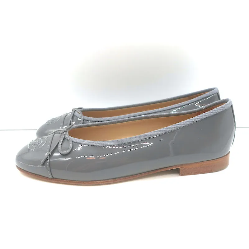 Chanel 15S CC Cap Toe Ballet Flats Gray Patent Leather Size 36 NEW