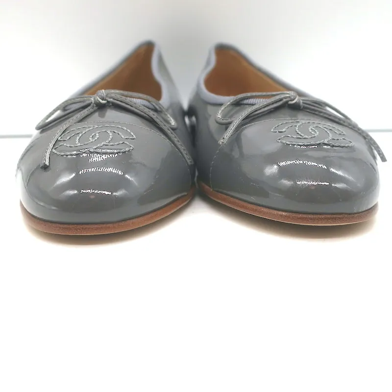 Chanel 15S CC Cap Toe Ballet Flats Gray Patent Leather Size 36 NEW