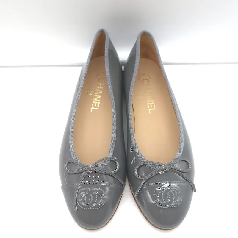Chanel 15S CC Cap Toe Ballet Flats Gray Patent Leather Size 36 NEW