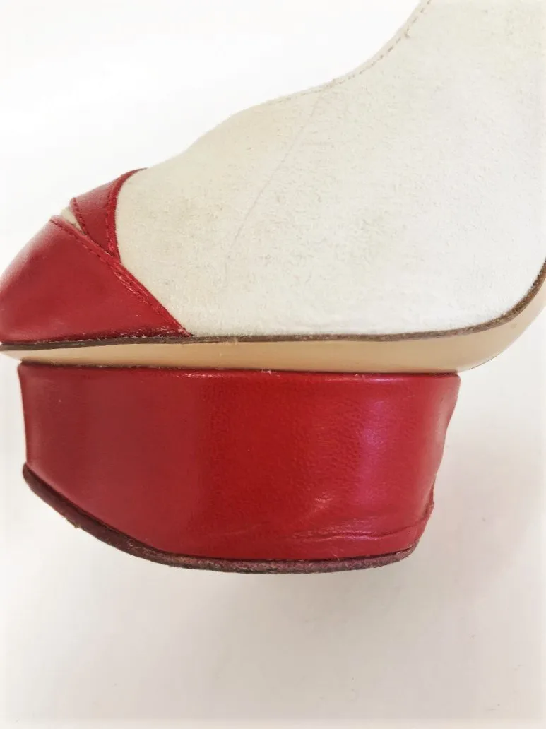 Charlotte Olympia Kiss Me Dolores Platform Pumps Cream Suede/Red Leather Size 36
