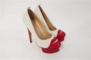 Charlotte Olympia Kiss Me Dolores Platform Pumps Cream Suede/Red Leather Size 36