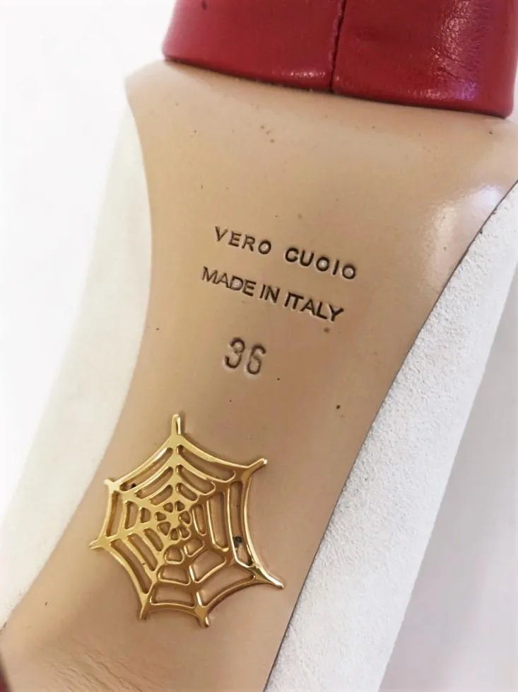 Charlotte Olympia Kiss Me Dolores Platform Pumps Cream Suede/Red Leather Size 36