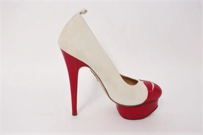 Charlotte Olympia Kiss Me Dolores Platform Pumps Cream Suede/Red Leather Size 36