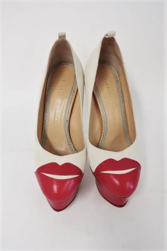 Charlotte Olympia Kiss Me Dolores Platform Pumps Cream Suede/Red Leather Size 36