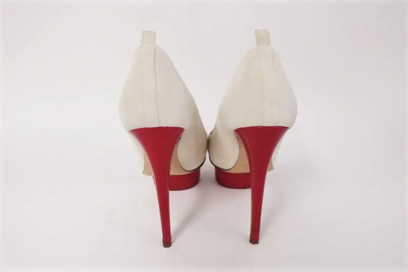 Charlotte Olympia Kiss Me Dolores Platform Pumps Cream Suede/Red Leather Size 36