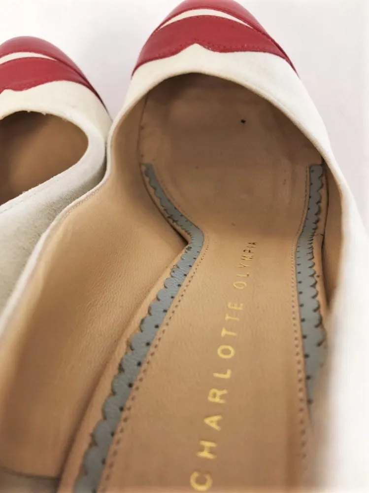 Charlotte Olympia Kiss Me Dolores Platform Pumps Cream Suede/Red Leather Size 36
