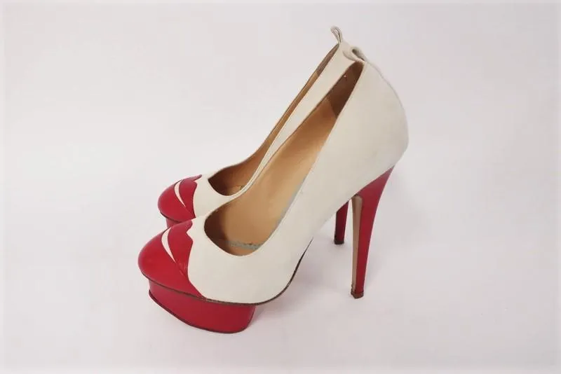 Charlotte Olympia Kiss Me Dolores Platform Pumps Cream Suede/Red Leather Size 36