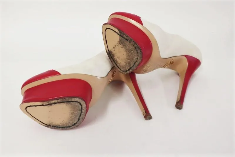 Charlotte Olympia Kiss Me Dolores Platform Pumps Cream Suede/Red Leather Size 36