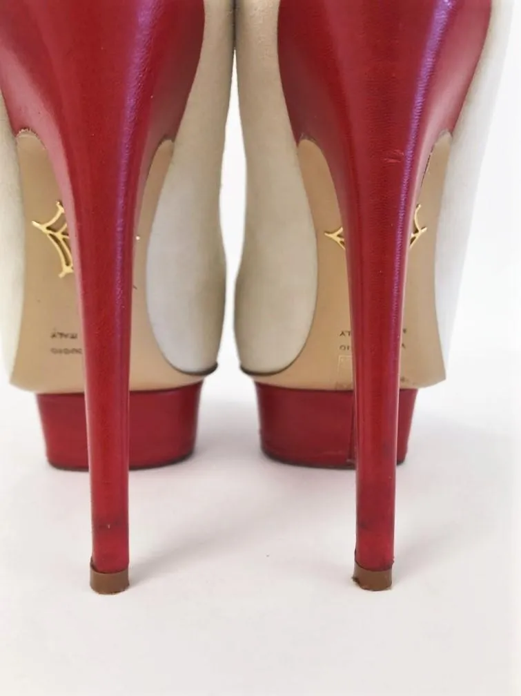 Charlotte Olympia Kiss Me Dolores Platform Pumps Cream Suede/Red Leather Size 36
