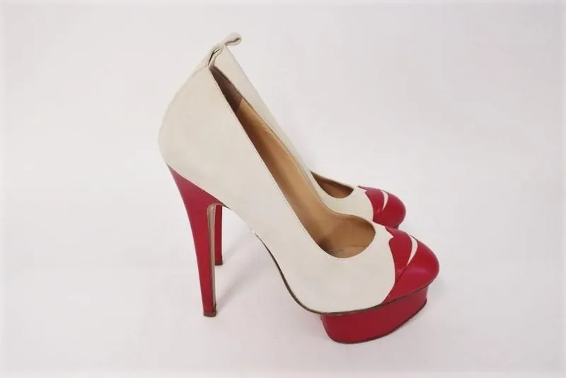Charlotte Olympia Kiss Me Dolores Platform Pumps Cream Suede/Red Leather Size 36