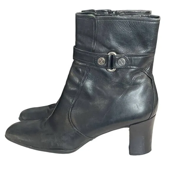 Cole Haan Black Leather Zip Up Block Heel Ankle Boots Shoes Size 8