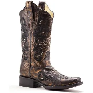 Corral Boots Square Toe Black & Bronze Embroidery with Studs- R1234