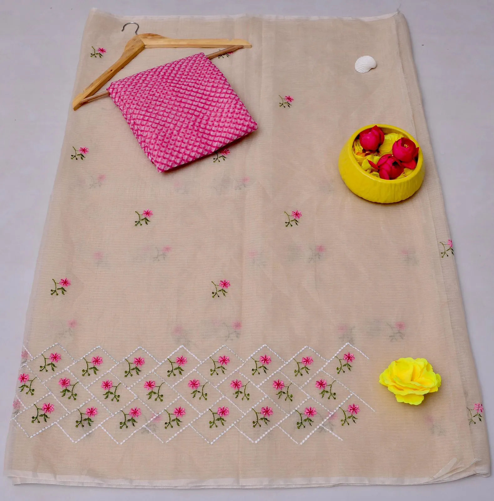 Cream Kota Doria Embroidery Work Saree