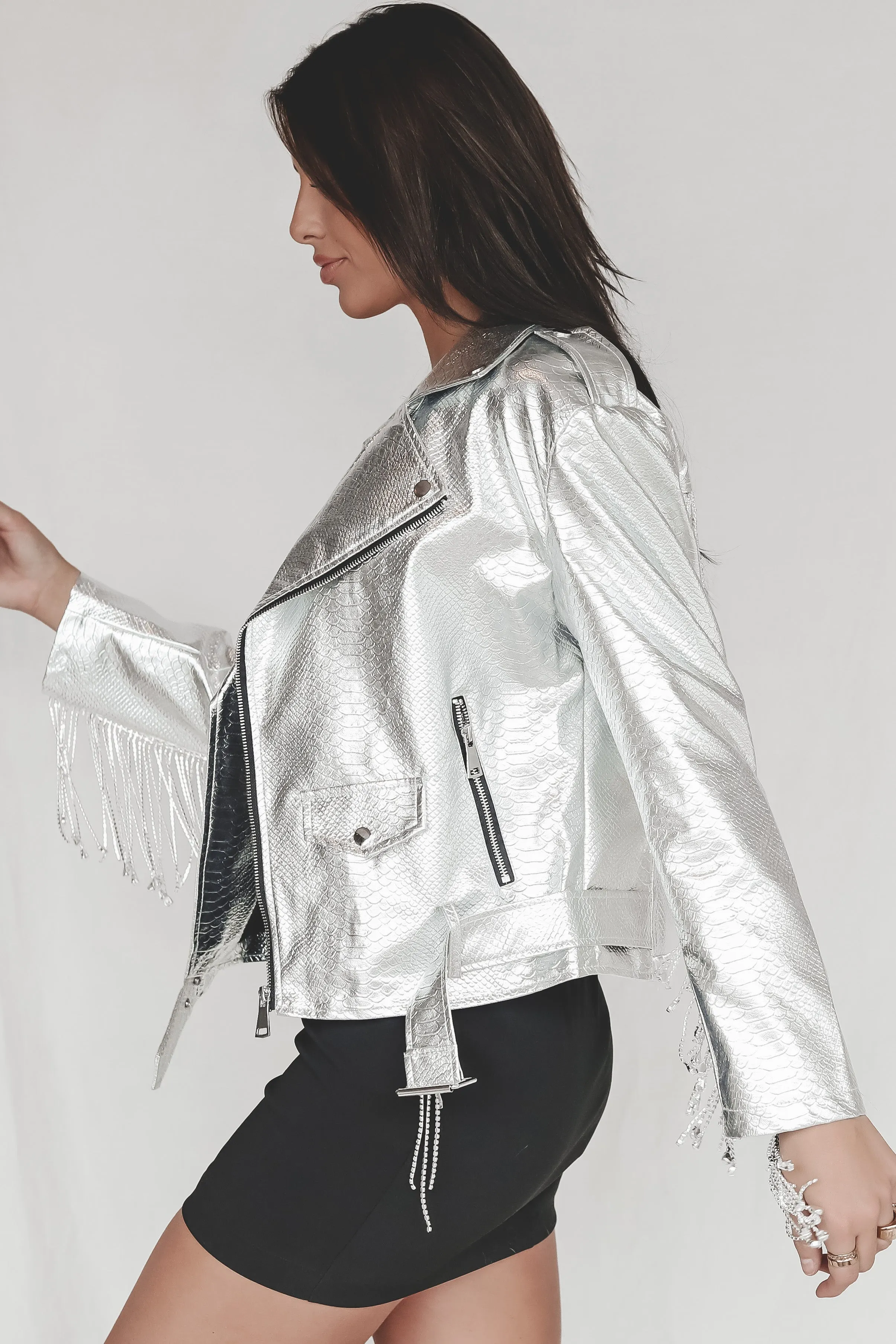 DEAL The Stage Is Ready Silver Rhinestone Fringe Leather Jacket Tassels