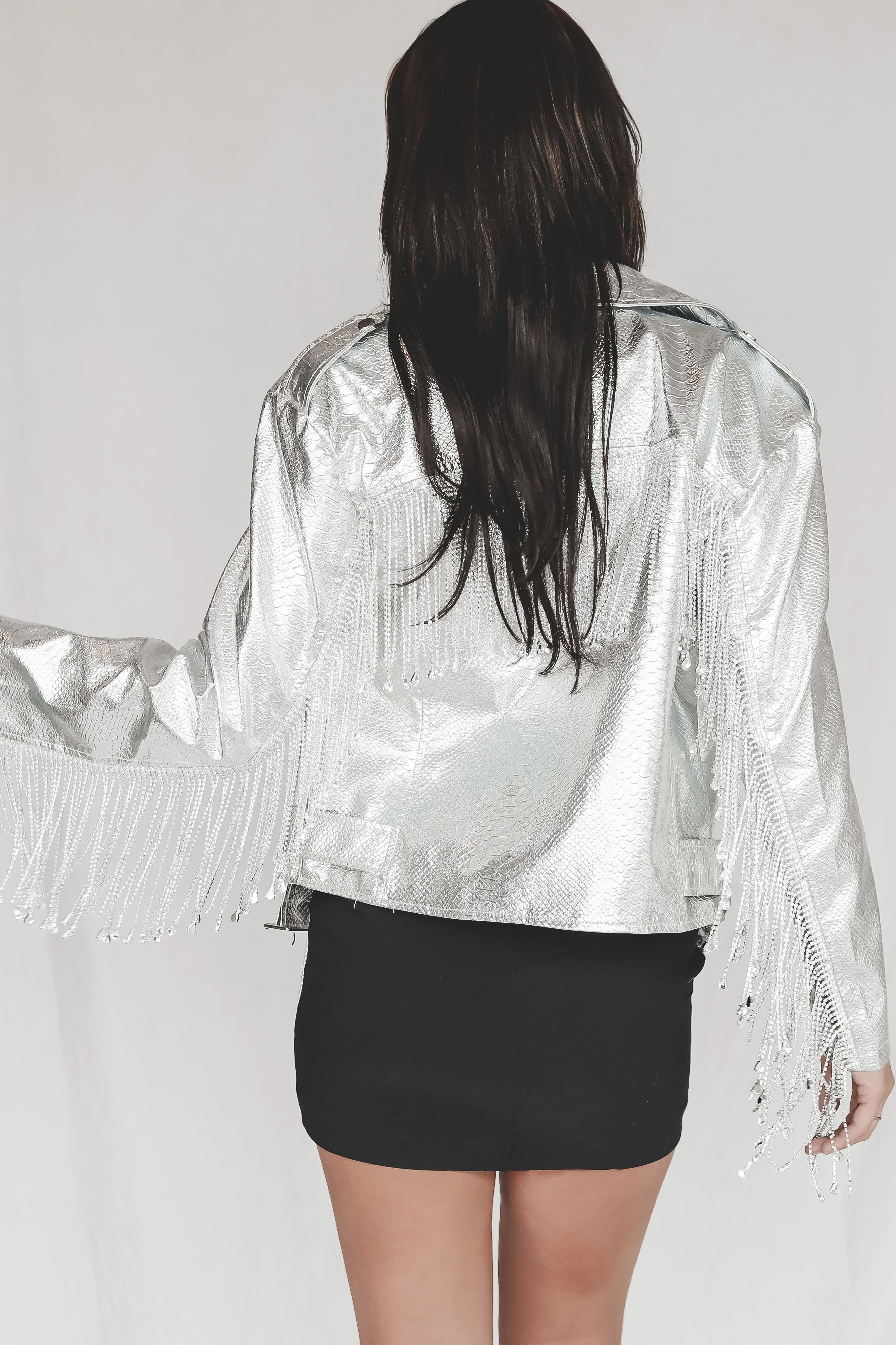 DEAL The Stage Is Ready Silver Rhinestone Fringe Leather Jacket Tassels