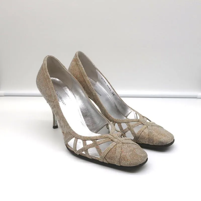 Dolce & Gabbana Pumps Gold Jacquard Lame Size 38 Cutout Heels