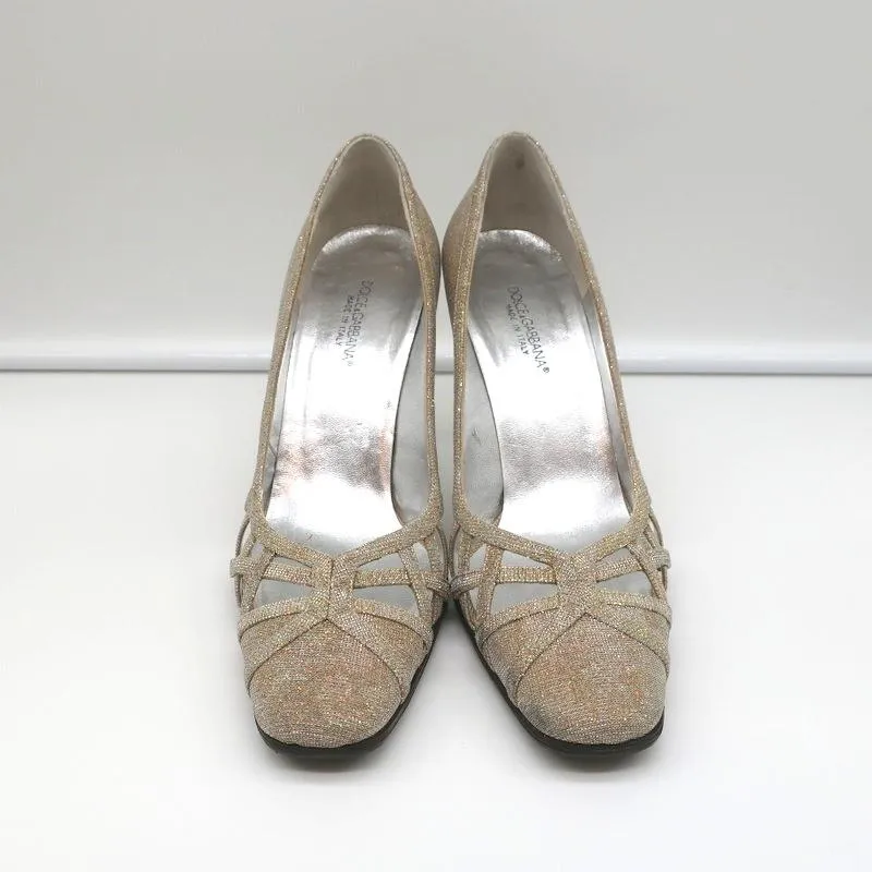 Dolce & Gabbana Pumps Gold Jacquard Lame Size 38 Cutout Heels
