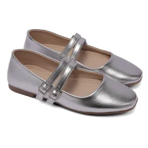 Double-Strap Ballet Flats – Silver Finish