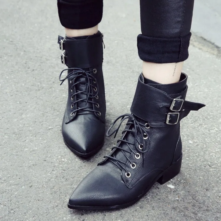 Fall/winter Short Boots Pointed Toe Lace Up Motorcycle Boots Women's Shoes