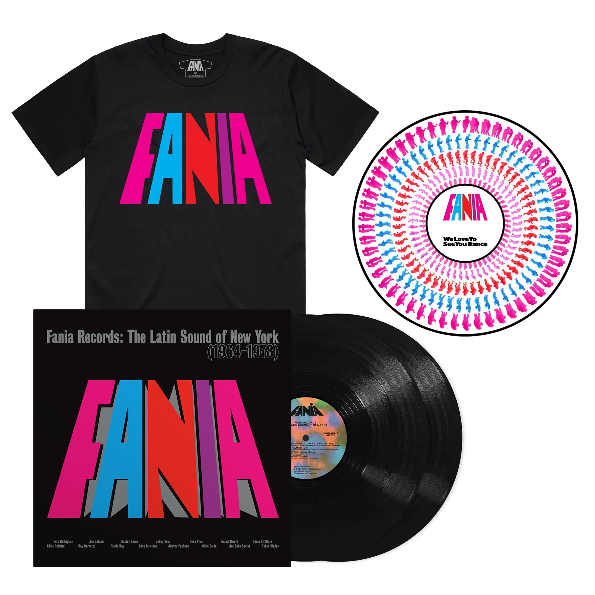 Fania Records: The Latin Sound Of New York (1964-1978) 2LP   Fania Logo Tee   We Love To See You Dance Slipmat Bundle