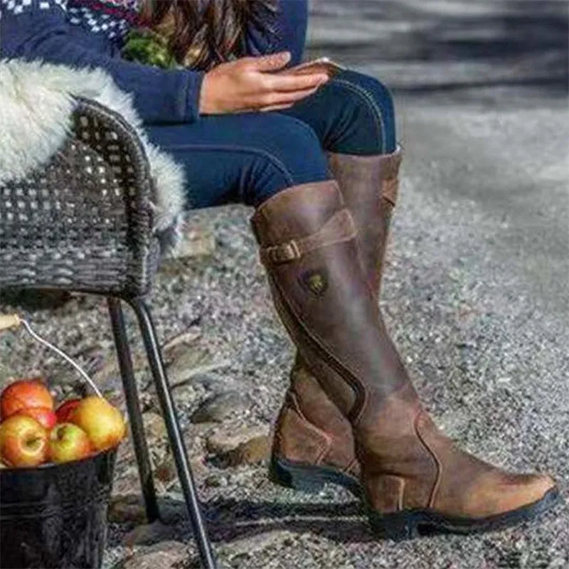 Female Vintage PU Leather Knee Length Equestrian Knight Boots