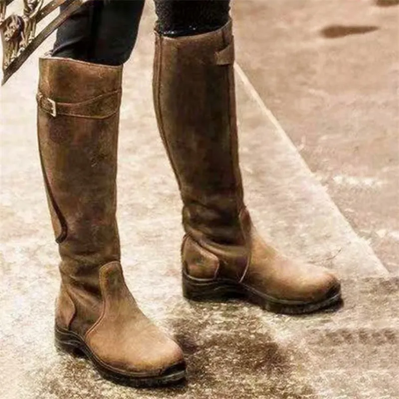 Female Vintage PU Leather Knee Length Equestrian Knight Boots