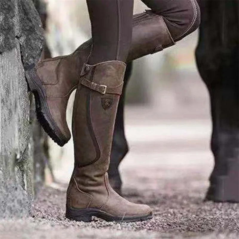 Female Vintage PU Leather Knee Length Equestrian Knight Boots