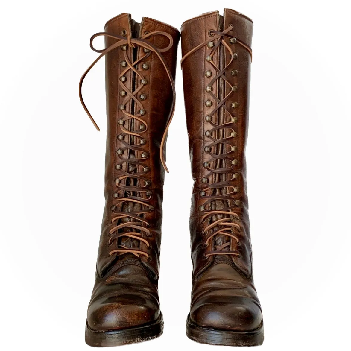 FRYE True Vintage Black Label Lace Up Tall Knee High Dark Brown Leather Boots