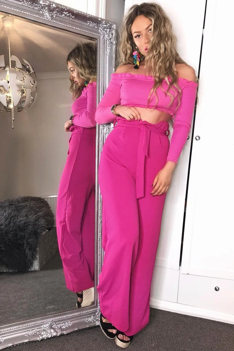 Fuchsia Ribbed Frill Bardot Crop Top - Cassidy