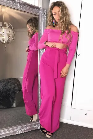 Fuchsia Ribbed Frill Bardot Crop Top - Cassidy