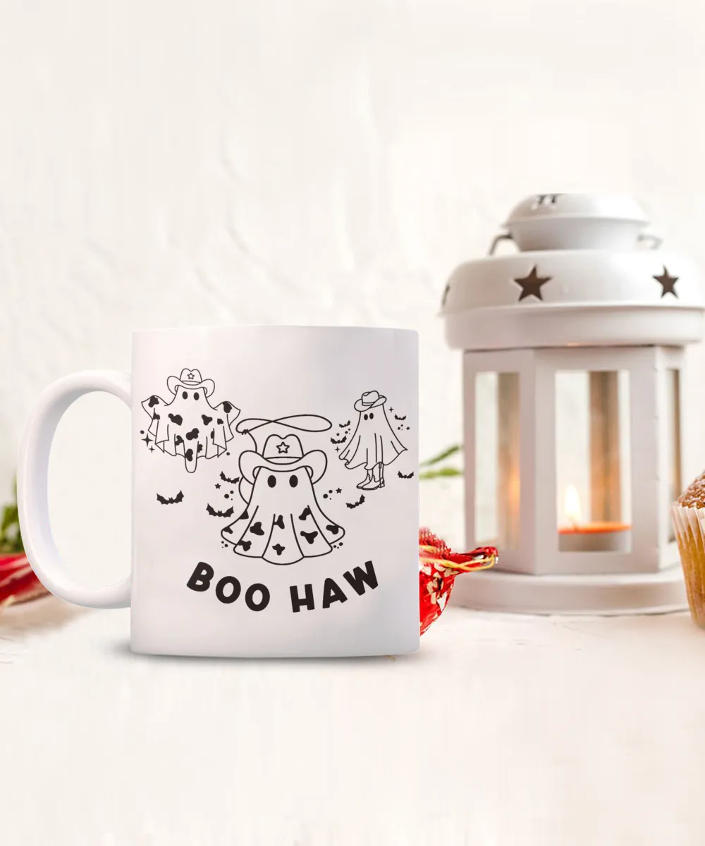 Ghost Mug, Spooky Season Mug, Spooky Mug, Boo Haw, Boohaw, Cowboy Ghost Coffee Cup