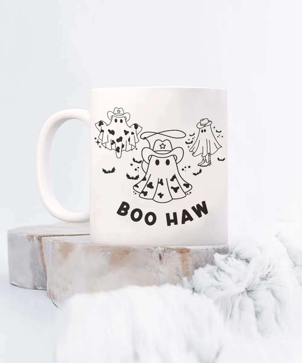 Ghost Mug, Spooky Season Mug, Spooky Mug, Boo Haw, Boohaw, Cowboy Ghost Coffee Cup