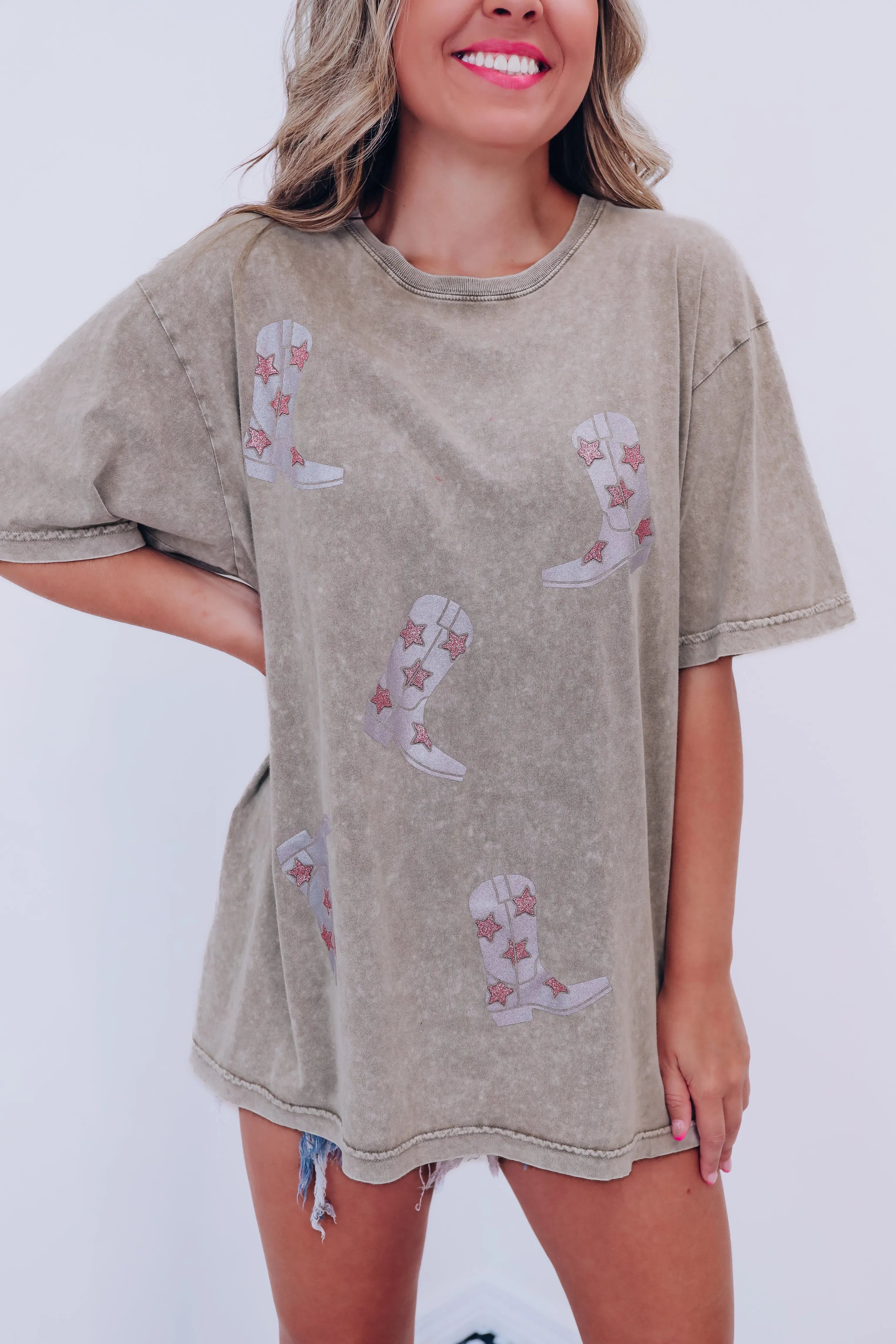 Glitter Cowboy Boots Graphic Tee - Mocha