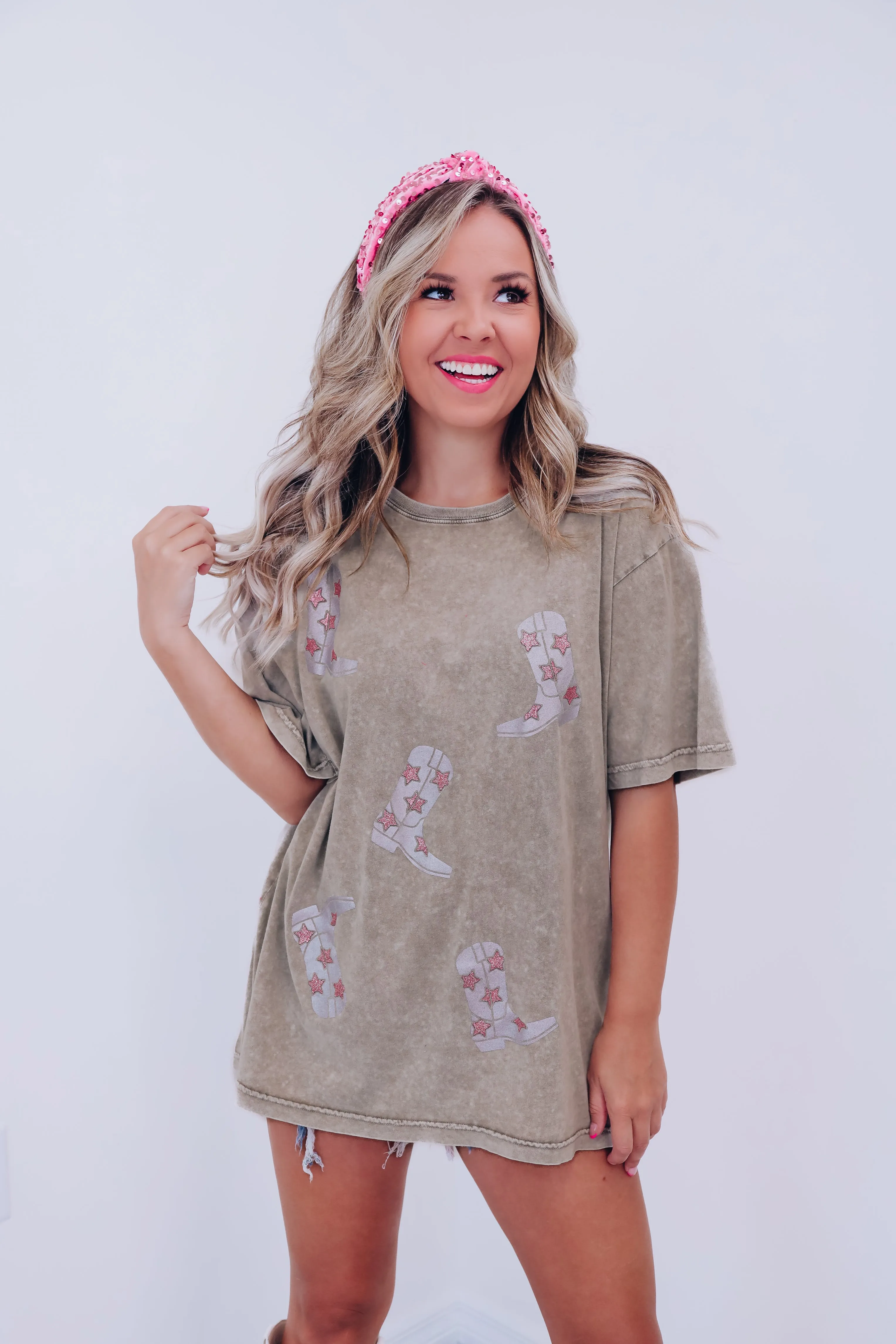 Glitter Cowboy Boots Graphic Tee - Mocha