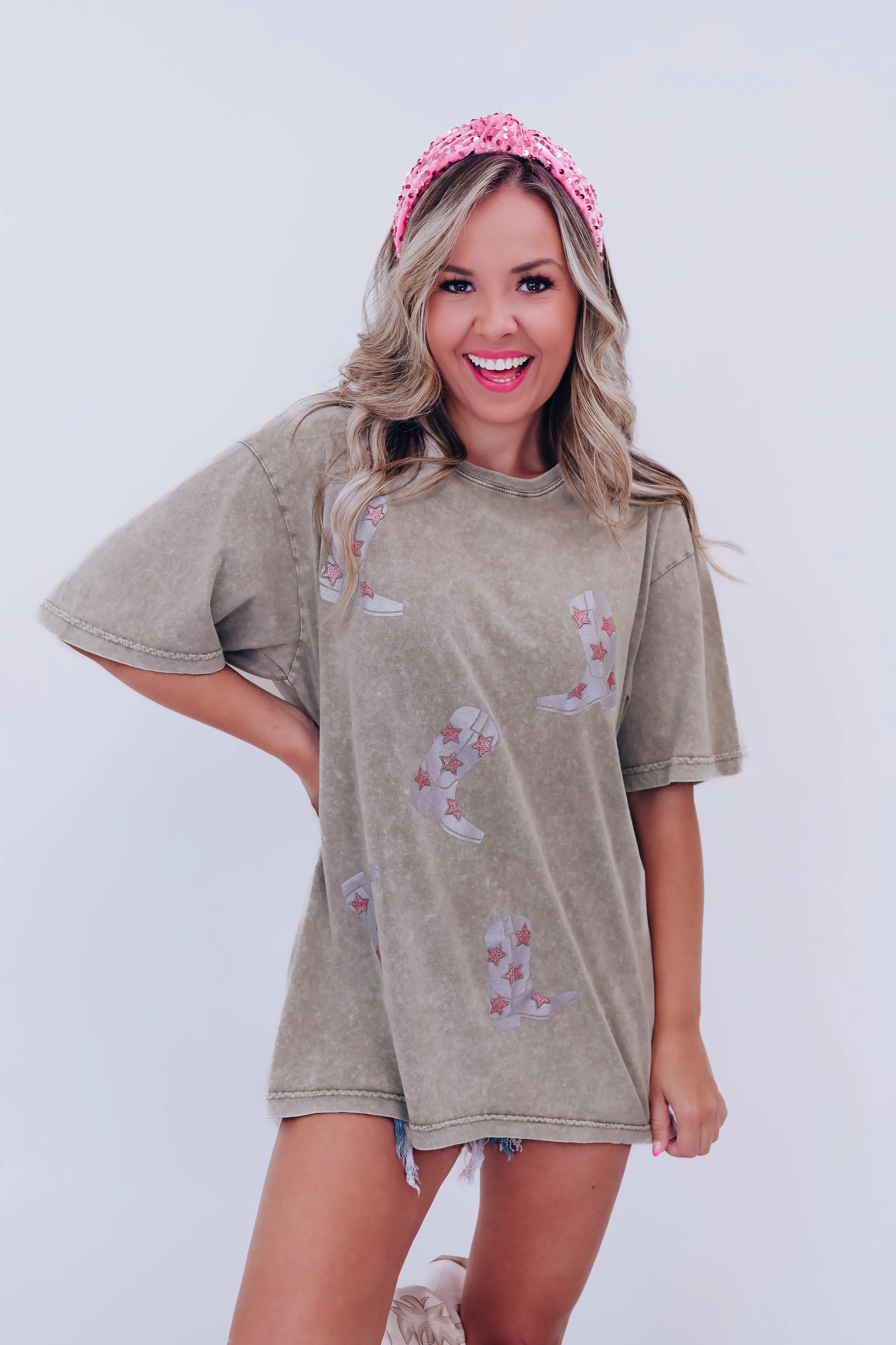 Glitter Cowboy Boots Graphic Tee - Mocha