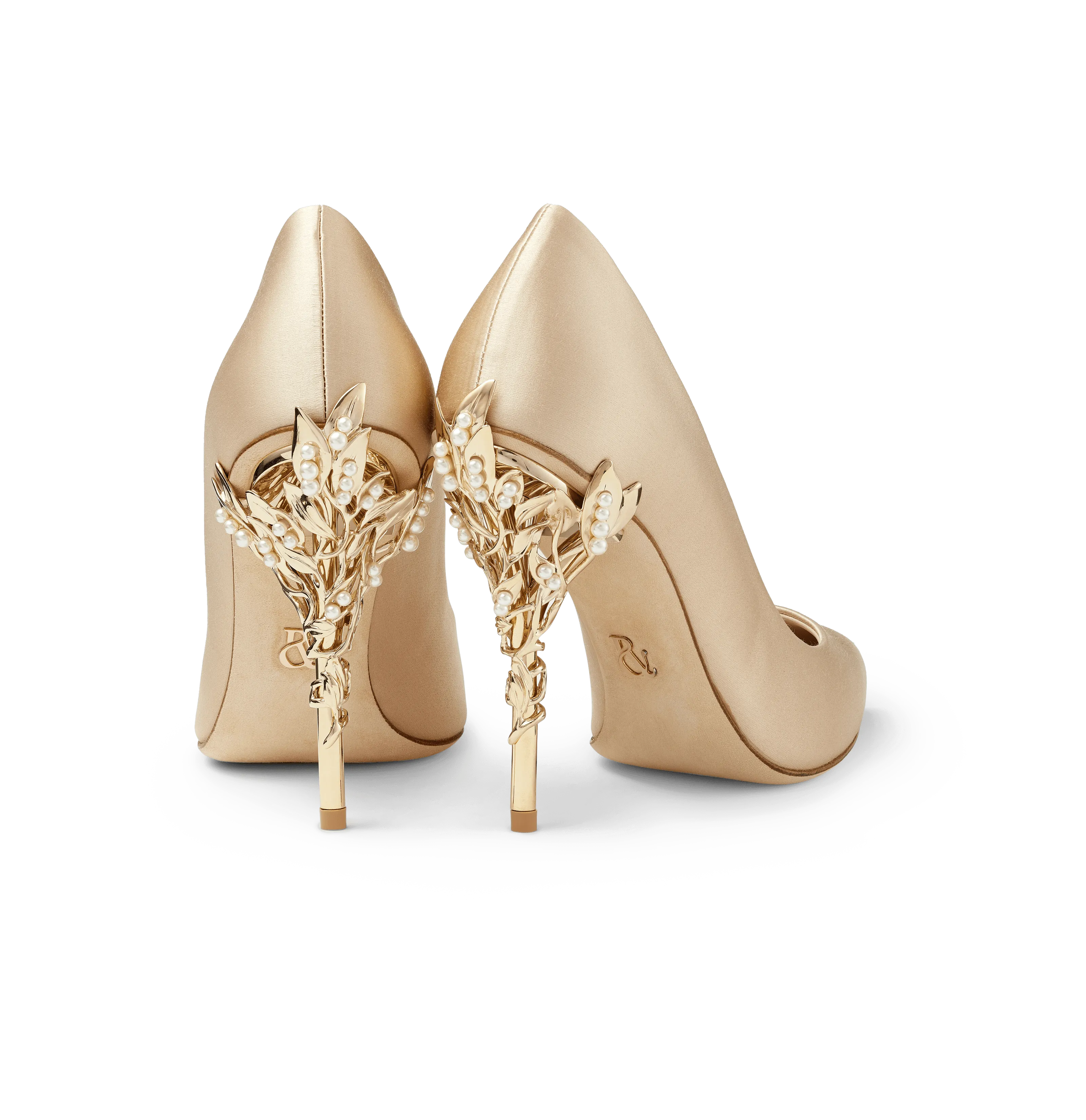 Gold Satin Eden Heels with Pearl and Gold Leaves