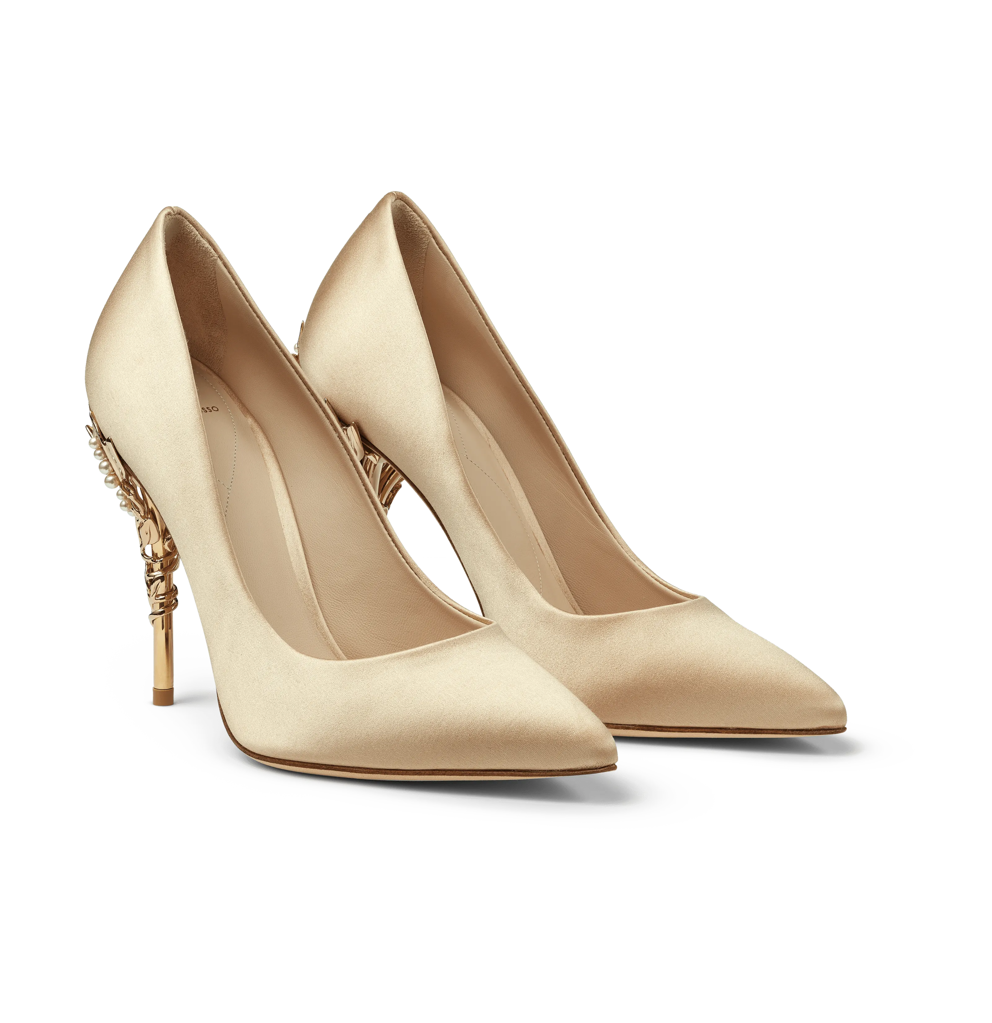 Gold Satin Eden Heels with Pearl and Gold Leaves