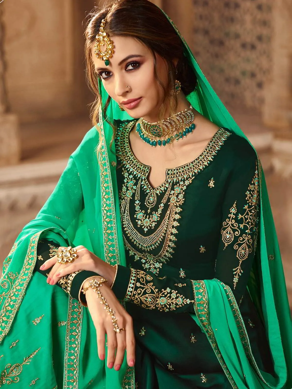 Green Dual Tone Embroidered Pakistani Gharara Suit